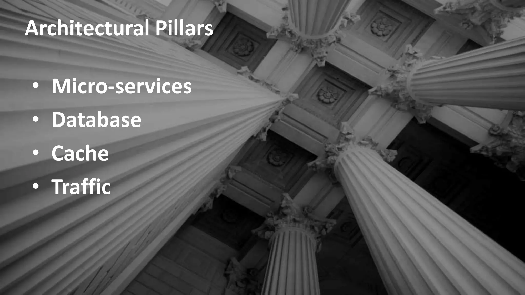 • Micro-services
• Database
• Cache
• Traffic
Architectural Pillars
 