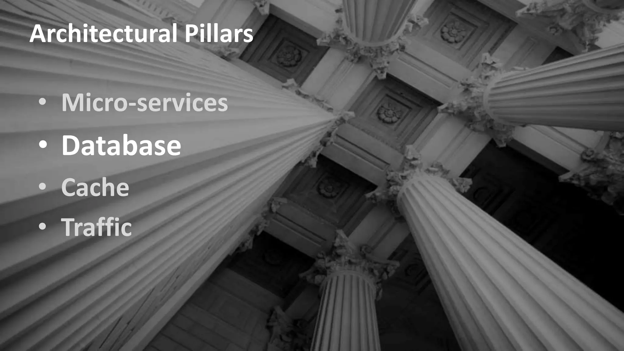 • Micro-services
• Database
• Cache
• Traffic
Architectural Pillars
 