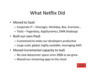 What	
  Ne6lix	
  Did	
  
•  Moved	
  to	
  SaaS	
  
    –  Corporate	
  IT	
  –	
  OneLogin,	
  Workday,	
  Box,	
  Evernote…	
  
    –  Tools	
  –	
  Pagerduty,	
  AppDynamics,	
  EMR	
  (Hadoop)	
  
•  Built	
  our	
  own	
  PaaS	
  
    –  Customized	
  to	
  make	
  our	
  developers	
  producMve	
  
    –  Large	
  scale,	
  global,	
  highly	
  available,	
  leveraging	
  AWS	
  
•  Moved	
  incremental	
  capacity	
  to	
  IaaS	
  
    –  No	
  new	
  datacenter	
  space	
  since	
  2008	
  as	
  we	
  grew	
  
    –  Moved	
  our	
  streaming	
  apps	
  to	
  the	
  cloud	
  
 