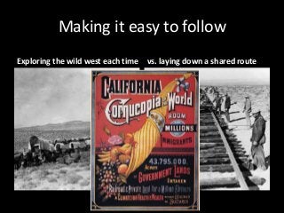 Making it easy to follow
Exploring the wild west each time   vs. laying down a shared route
 