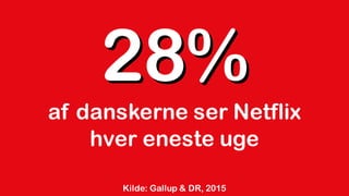 28%28%
Kilde: Gallup & DR, 2015
28%
af danskerne ser Netflix
hver eneste uge
 