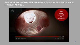 THROUGHOUT THE WHOLE EXPERIENCE, YOU CAN SEE WHO‟S MADE
IT AS FAR AS YOU…


                                             2000
                                            people
                                          have made
                                             it to
                                          episode 10




                                                          27
 