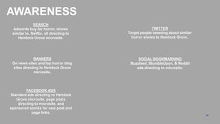 AWARENESS
              SEARCH
  Adwords buy for horror, shows                       TWITTER
 similar to, Netflix, all directing to   Target people tweeting about similar
    Hemlock Grove microsite.               horror shows to Hemlock Grove.




             BANNERS                          SOCIAL BOOKMARKING
 On news sites and top horror blog        Buzzfeed, StumbleUpon, & Reddit
 sites directing to Hemlock Grove            ads directing to microsite.
              microsite.




         FACEBOOK ADS
Standard ads directing to Hemlock
   Grove microsite, page posts
    directing to microsite, and
sponsored stories for new post and
            page links.
                                                                                34
 