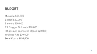 BUDGET

Microsite $50,000
Search $20,000
Banners $20,000
PR Blogger Outreach $10,000
FB ads and sponsored stories $20,000
YouTube Ads $30,000
Total Costs $150,000



                                       38
 