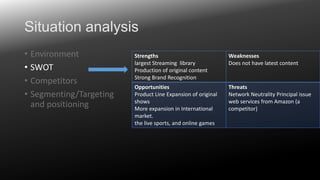 Situation analysis
• Environment
• SWOT
• Competitors
• Segmenting/Targeting
and positioning

Strengths
largest Streaming ...