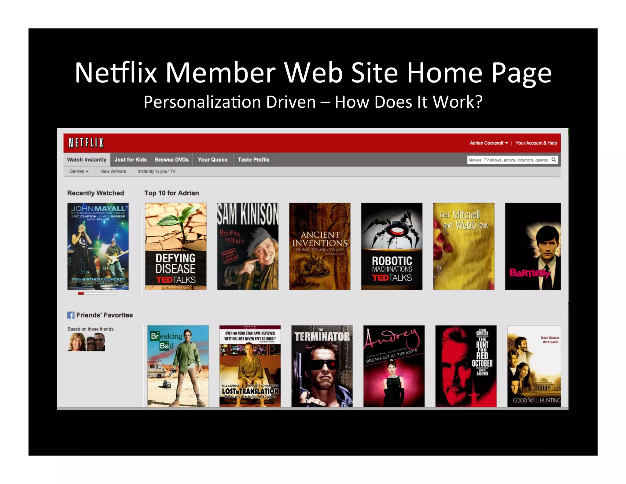 Ne8lix	
  Member	
  Web	
  Site	
  Home	
  Page	
  
Personaliza2on	
  Driven	
  –	
  How	
  Does	
  It	
  Work?	
  
 