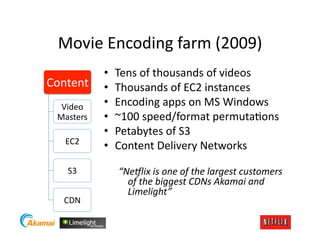 Movie	
  Encoding	
  farm	
  (2009)	
  
                •    Tens	
  of	
  thousands	
  of	
  videos	
  
Content	
       •    Thousands	
  of	
  EC2	
  instances	
  
   Video	
      •    Encoding	
  apps	
  on	
  MS	
  Windows	
  
  Masters	
     •    ~100	
  speed/format	
  permutaJons	
  	
  
                •    Petabytes	
  of	
  S3	
  
    EC2	
  
                •    Content	
  Delivery	
  Networks	
  

     S3	
            “Ne9lix	
  is	
  one	
  of	
  the	
  largest	
  customers	
  
                       of	
  the	
  biggest	
  CDNs	
  Akamai	
  and	
  
                       Limelight”	
  
    CDN	
  
 