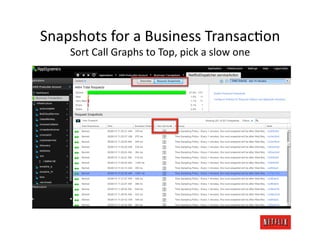 Snapshots	
  for	
  a	
  Business	
  TransacJon	
  
    Sort	
  Call	
  Graphs	
  to	
  Top,	
  pick	
  a	
  slow	
  one	
  
 