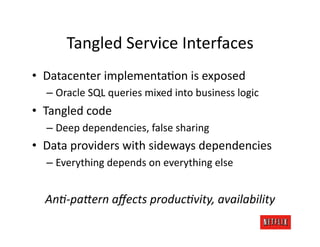 Tangled	
  Service	
  Interfaces	
  
•  Datacenter	
  implementaJon	
  is	
  exposed	
  
   –  Oracle	
  SQL	
  queries	
  mixed	
  into	
  business	
  logic	
  
•  Tangled	
  code	
  
   –  Deep	
  dependencies,	
  false	
  sharing	
  
•  Data	
  providers	
  with	
  sideways	
  dependencies	
  
   –  Everything	
  depends	
  on	
  everything	
  else	
  


   AnA-­‐paTern	
  aﬀects	
  producAvity,	
  availability	
  
 