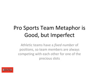 Pro Sports Team Metaphor is
Good, but Imperfect
Athletic teams have a fixed number of
positions, so team members are always
competing with each other for one of the
precious slots
 