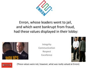 Enron, whose leaders went to jail,
and which went bankrupt from fraud,
had these values displayed in their lobby:
Integrity
Communication
Respect
Excellence
(These values were not, however, what was really valued at Enron)
 