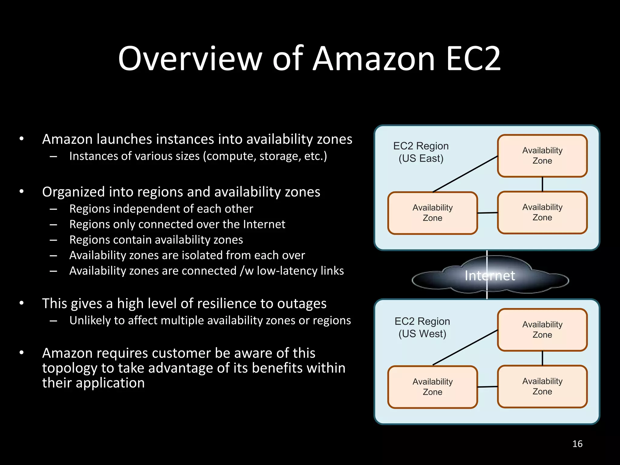 Overview of Amazon EC2
•

Amazon launches instances into availability zones
– Instances of various sizes (compute, storage, etc.)

•

Regions independent of each other
Regions only connected over the Internet
Regions contain availability zones
Availability zones are isolated from each over
Availability zones are connected /w low-latency links

Availability
Zone

Availability
Zone

Internet

This gives a high level of resilience to outages
– Unlikely to affect multiple availability zones or regions

•

Availability
Zone

Organized into regions and availability zones
–
–
–
–
–

•

EC2 Region
(US East)

Amazon requires customer be aware of this
topology to take advantage of its benefits within
their application

EC2 Region
(US West)

Availability
Zone

Availability
Zone

Availability
Zone

16

 