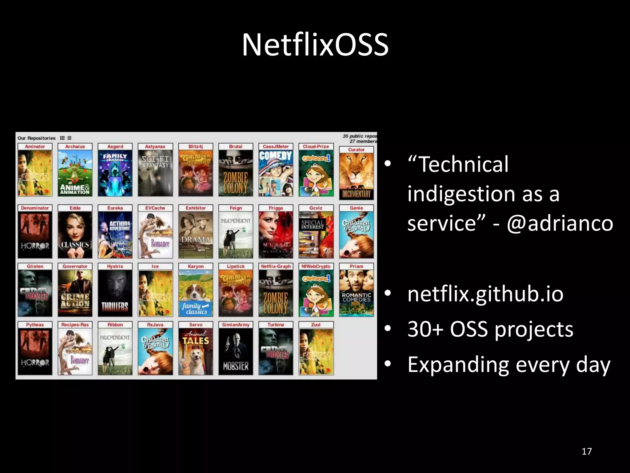 NetflixOSS
• “Technical
indigestion as a
service” - @adrianco
• netflix.github.io
• 30+ OSS projects
• Expanding every day

17

 