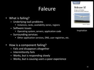 Faleure
• What is failing?
– Underlying IaaS problems
• Instances, racks, availability zones, regions

– Software issues
• Operating system, servers, application code

Inspiration

– Surrounding services
• Other application services, DNS, user registries, etc.

• How is a component failing?
–
–
–
–

Fails and disappears altogether
Intermittently fails
Works, but is responding slowly
Works, but is causing users a poor experience
15

 