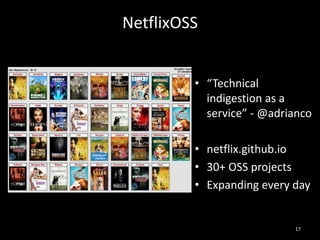 NetflixOSS
• “Technical
indigestion as a
service” - @adrianco
• netflix.github.io
• 30+ OSS projects
• Expanding every day

17

 