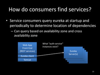 How do consumers find services?
• Service consumers query eureka at startup and
periodically to determine location of dependencies
– Can query based on availability zone and cross
availability zone
Web App
Front End
(REST services)
Eureka client
Tomcat

What “auth-service”
instances exist?
Eureka
Eureka
Server(s)
Eureka
Server(s)
Eureka
Server(s)
Server(s)

23

 