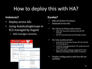 How to deploy this with HA?
Instances?
• Deploy across AZs
• Using AutoScalingGroups in
EC2 managed by Asgard

Eureka?
•
•

DNS and Elastic IP trickery
Deployed across AZs

•

For clients to find eureka servers
–

– ASG manages recovery

–

•

For new eureka servers
–
–
–

•

DNS TXT record for domain lists AZ TXT
records
AZ TXT records have list of Eureka servers

Look for list of eureka servers IP’s for the AZ
it’s coming up in
Look for unassigned elastic IP’s, grab one and
assign it to itself
Sync with other already assigned IP’s that
likely are hosting Eureka server instances

Simpler configurations with less HA are
available
26

 