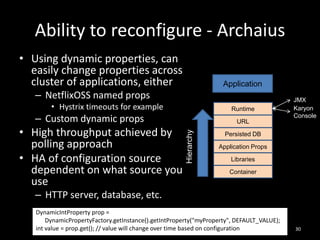 Ability to reconfigure - Archaius
• Using dynamic properties, can
easily change properties across
cluster of applications, either

Application

– NetflixOSS named props
• Hystrix timeouts for example

Runtime

– Custom dynamic props
Hierarchy

• High throughput achieved by
polling approach
• HA of configuration source
dependent on what source you
use

URL

JMX
Karyon
Console

Persisted DB
Application Props
Libraries
Container

– HTTP server, database, etc.
DynamicIntProperty prop =
DynamicPropertyFactory.getInstance().getIntProperty("myProperty", DEFAULT_VALUE);
int value = prop.get(); // value will change over time based on configuration

30

 