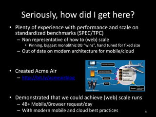 Seriously, how did I get here?
• Plenty of experience with performance and scale on
standardized benchmarks (SPEC/TPC)
– Non representative of how to (web) scale
• Pinning, biggest monolithic DB “wins”, hand tuned for fixed size

– Out of date on modern architecture for mobile/cloud

• Created Acme Air
– http://bit.ly/acmeairblog

• Demonstrated that we could achieve (web) scale runs
– 4B+ Mobile/Browser request/day
– With modern mobile and cloud best practices

6

 
