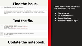 Find the issue.
Test the fix.
Update the notebook.
Output notebooks are the place to
look for failures. They have:
● Stack traces
● Re-runnable code
● Execution logs
● Same interface as input
 