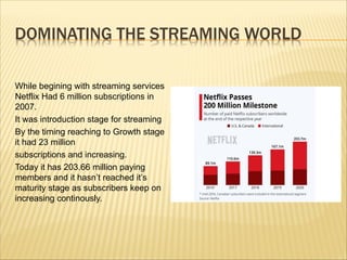 While begining with streaming services
Netflix Had 6 million subscriptions in
2007.
It was introduction stage for streaming
By the timing reaching to Growth stage
it had 23 million
subscriptions and increasing.
Today it has 203.66 million paying
members and it hasn’t reached it’s
maturity stage as subscribers keep on
increasing continously.
 