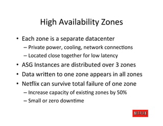 High	
  Availability	
  Zones	
  
•  Each	
  zone	
  is	
  a	
  separate	
  datacenter	
  
    –  Private	
  power,	
  cooling,	
  network	
  connecJons	
  
    –  Located	
  close	
  together	
  for	
  low	
  latency	
  
•  ASG	
  Instances	
  are	
  distributed	
  over	
  3	
  zones	
  
•  Data	
  wri?en	
  to	
  one	
  zone	
  appears	
  in	
  all	
  zones	
  
•  Ne#lix	
  can	
  survive	
  total	
  failure	
  of	
  one	
  zone	
  
    –  Increase	
  capacity	
  of	
  exisJng	
  zones	
  by	
  50%	
  
    –  Small	
  or	
  zero	
  downJme	
  
 