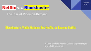 Netﬂix vs. Blockbuster
The Rise of Video-on-Demand
Blockbuster’s Viable Options: Buy Netﬂix, or Become Netﬂix
A Case Study by Angela Collins, Gaylene Meyer,
and Lily Zimmerman
Summer
2018
 