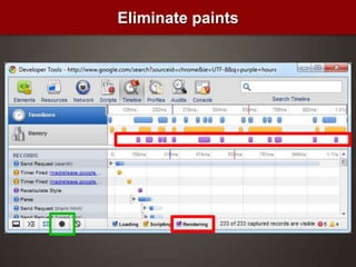 Optimized implementationRecycle DOM nodesAnimate each row individuallyDelaying modifying row until comes into viewport or the user settlesGood: Performance consistent regardless of location34512Performance Evolution: Scrolling Rows