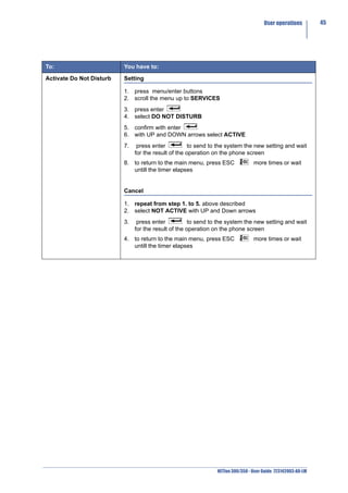 User operations         45




To:                       You have to:

Activate Do Not Disturb   Setting

                          1. press menu/enter buttons
                          2. scroll the menu up to SERVICES
                          3. press enter
                          4. select DO NOT DISTURB
                          5. confirm with enter
                          6. with UP and DOWN arrows select ACTIVE
                          7.    press enter           to send to the system the new setting and wait
                               for the result of the operation on the phone screen
                          8. to return to the main menu, press ESC               more times or wait
                             untill the timer elapses


                          Cancel

                          1. repeat from step 1. to 5. above described
                          2. select NOT ACTIVE with UP and Down arrows
                          3.    press enter           to send to the system the new setting and wait
                               for the result of the operation on the phone screen
                          4. to return to the main menu, press ESC               more times or wait
                             untill the timer elapses




                                                                NETfon 300/350 - User Guide 723142003-A0-LM
 