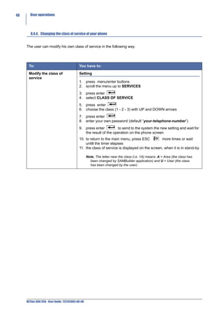 46     User operations




        8.4.4. Changing the class of service of your phone


     The user can modify his own class of service in the following way.




      To:                                   You have to:

      Modify the class of                   Setting
      service
                                            1. press menu/enter buttons
                                            2. scroll the menu up to SERVICES
                                            3. press enter
                                            4. select CLASS OF SERVICE
                                            5. press enter
                                            6. choose the class (1 - 2 - 3) with UP and DOWN arrows
                                            7. press enter
                                            8. enter your own password (default “your-telephone-number”)
                                            9. press enter         to send to the system the new setting and wait for
                                               the result of the operation on the phone screen
                                            10. to return to the main menu, press ESC          more times or wait
                                                untill the timer elapses
                                            11. the class of service is displayed on the screen, when it is in stand-by.

                                                   Note. The letter near the class (i.e. 1A) means: A = Area (the class has
                                                     been changed by SAMBuilder application) and U = User (the class
                                                     has been changed by the user).




     NETfon 300/350 - User Guide 723142003-A0-LM
 