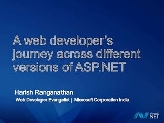 A web developer’s journey across different versions of ASP.NET Harish Ranganathan  Web Developer Evangelist |  Microsoft Corporation India 