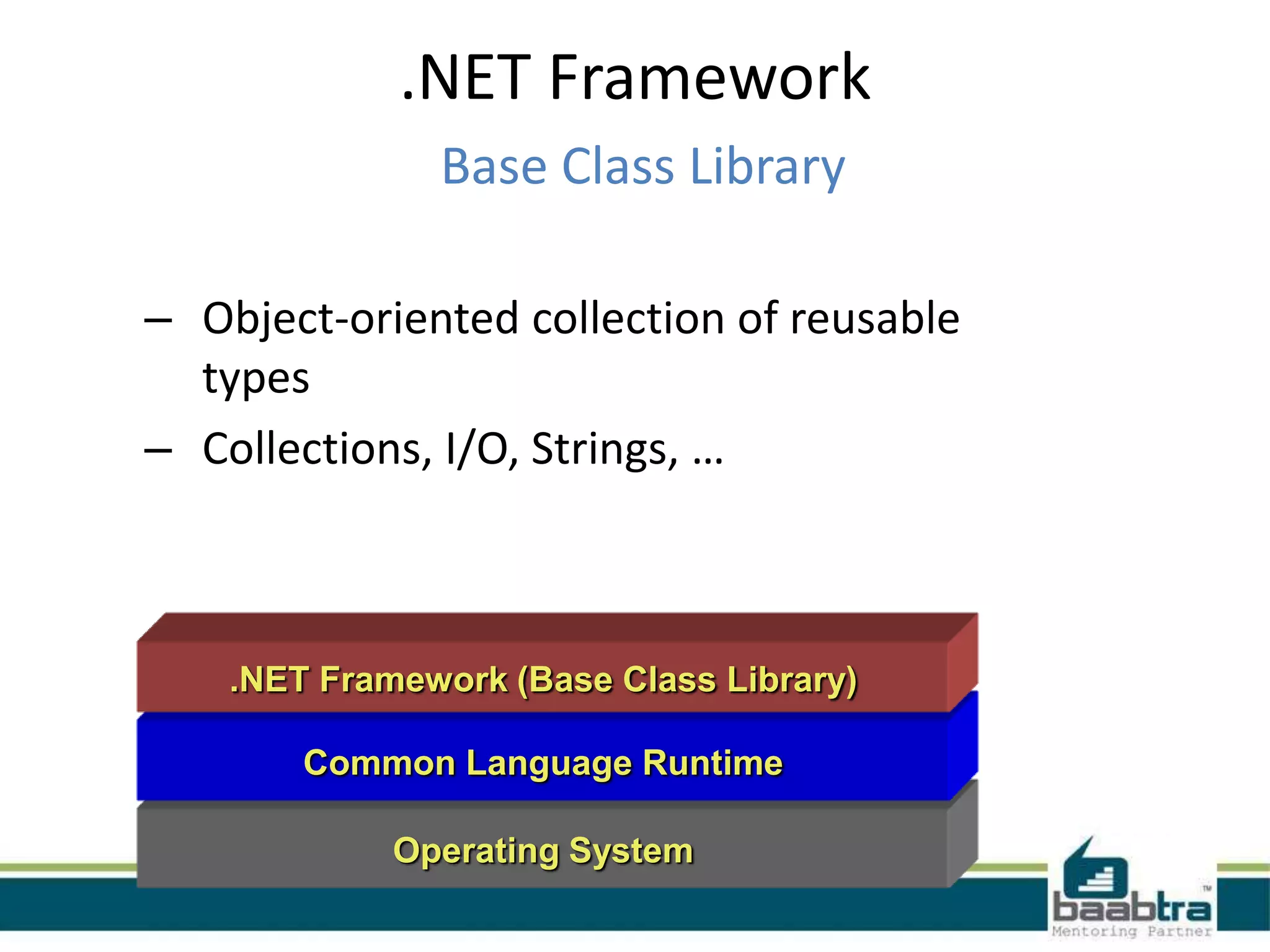 .NET Framework
Base Class Library
Operating System
Common Language Runtime
.NET Framework (Base Class Library)
– Object-oriented collection of reusable
types
– Collections, I/O, Strings, …
 