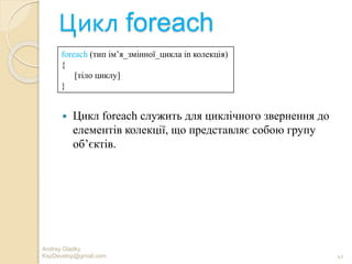 Цикл foreach
 Цикл foreach служить для циклічного звернення до
елементів колекції, що представляє собою групу
об’єктів.
Andrey Gladky
KspDevelop@gmail.com 42
foreach (тип ім’я_змінної_цикла in колекція)
{
[тіло циклу]
}
 