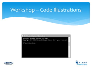 Workshop – Code Illustrations 
C:WindowsSystem32cmd.exe 
Microsoft Windows [Version 7.1.7000] 
Copyright (c) 2008 Microsoft Corporation. All rights reserved. 
C:UsersUserName> 
 