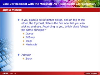 Core Development with the Microsoft .NET Framework 2.0 Foundation

Just a minute


                If you place a set of dinner plates, one on top of the
                other, the topmost plate is the first one that you can
                pick up and use. According to you, which class follows
                the same principle?
                   Queue
                   BitArray
                   Stack
                   Hashtable



                Answer
                   Stack




     Ver. 1.0                                                       Slide 15 of 41
 