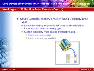 Core Development with the Microsoft .NET Framework 2.0 Foundation

Working with Collection Base Classes (Contd.)


                Create Custom Dictionary Types by Using Dictionary Base
                Types
                   Dictionary base types provide the most convenient way to
                   implement a custom dictionary type.
                   Custom dictionary types can be created by using:
                      DictionaryBase class
                      DictionaryEntry structure




     Ver. 1.0                                                           Slide 25 of 41
 