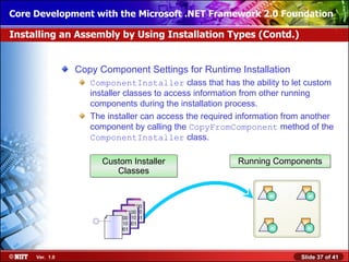 Core Development with the Microsoft .NET Framework 2.0 Foundation

Installing an Assembly by Using Installation Types (Contd.)


                Copy Component Settings for Runtime Installation
                   ComponentInstaller class that has the ability to let custom
                   installer classes to access information from other running
                   components during the installation process.
                   The installer can access the required information from another
                   component by calling the CopyFromComponent method of the
                   ComponentInstaller class.

                      Custom Installer                  Running Components
                         Classes




     Ver. 1.0                                                           Slide 37 of 41
 