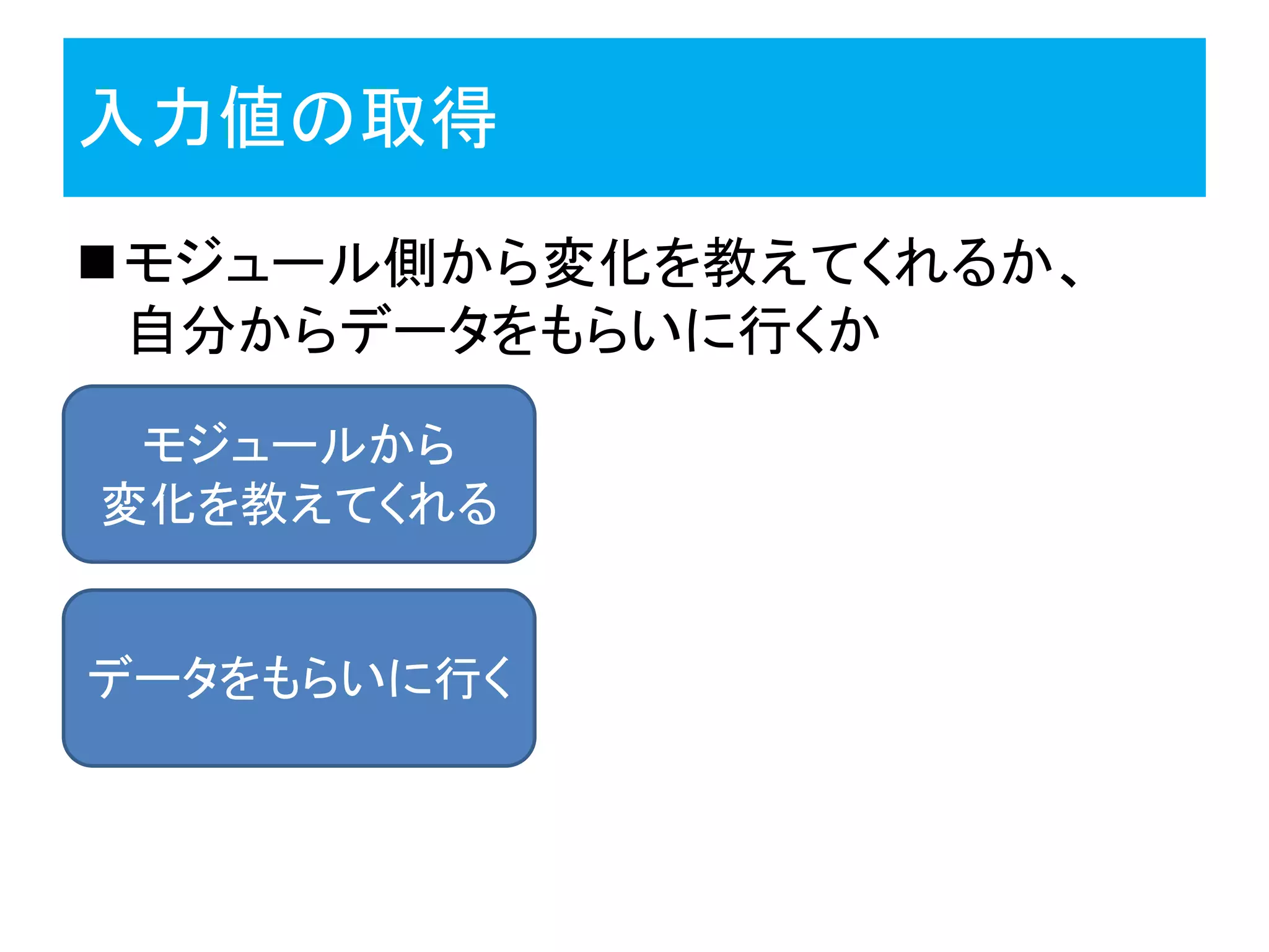 入力値の取得
モジュール側から変化を教えてくれるか、
自分からデータをもらいに行くか
モジュールから
変化を教えてくれる
データをもらいに行く
 