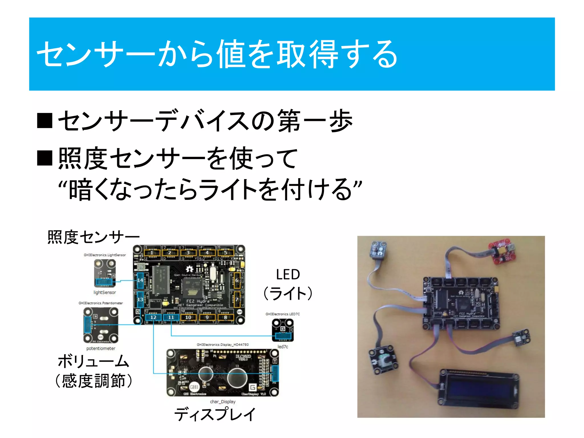 センサーから値を取得する
センサーデバイスの第一歩
照度センサーを使って
“暗くなったらライトを付ける”
ディスプレイ
照度センサー
ボリューム
（感度調節）
LED
（ライト）
 