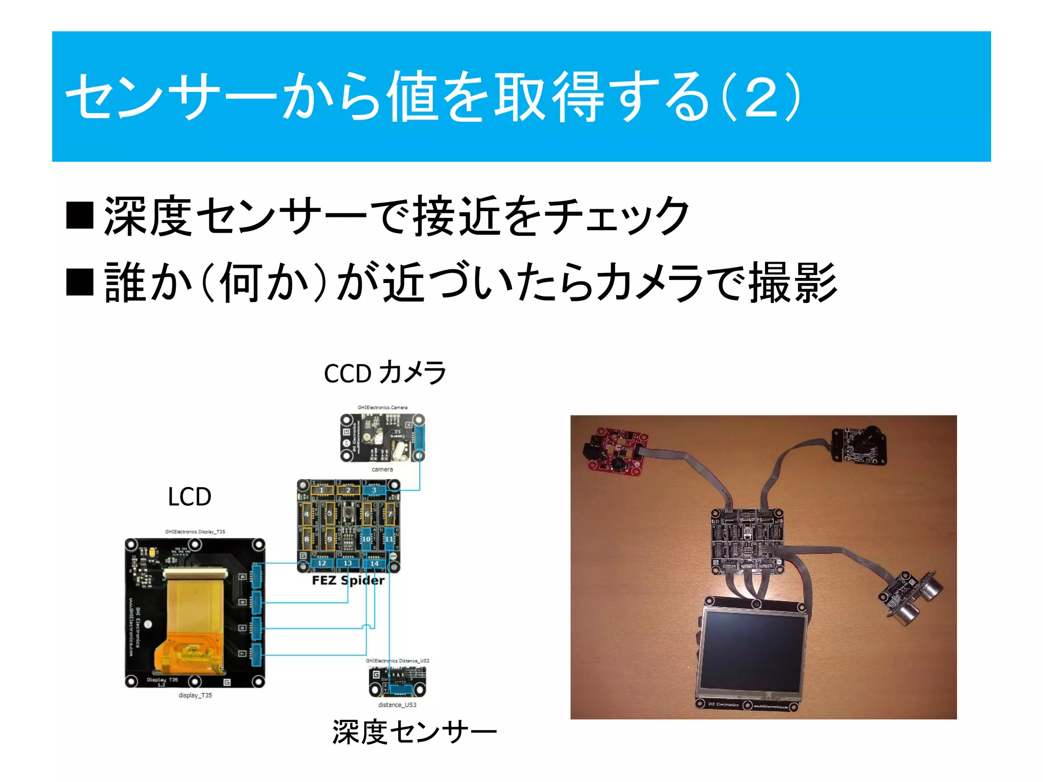 センサーから値を取得する（２）
深度センサーで接近をチェック
誰か（何か）が近づいたらカメラで撮影
深度センサー
CCD カメラ
LCD
 