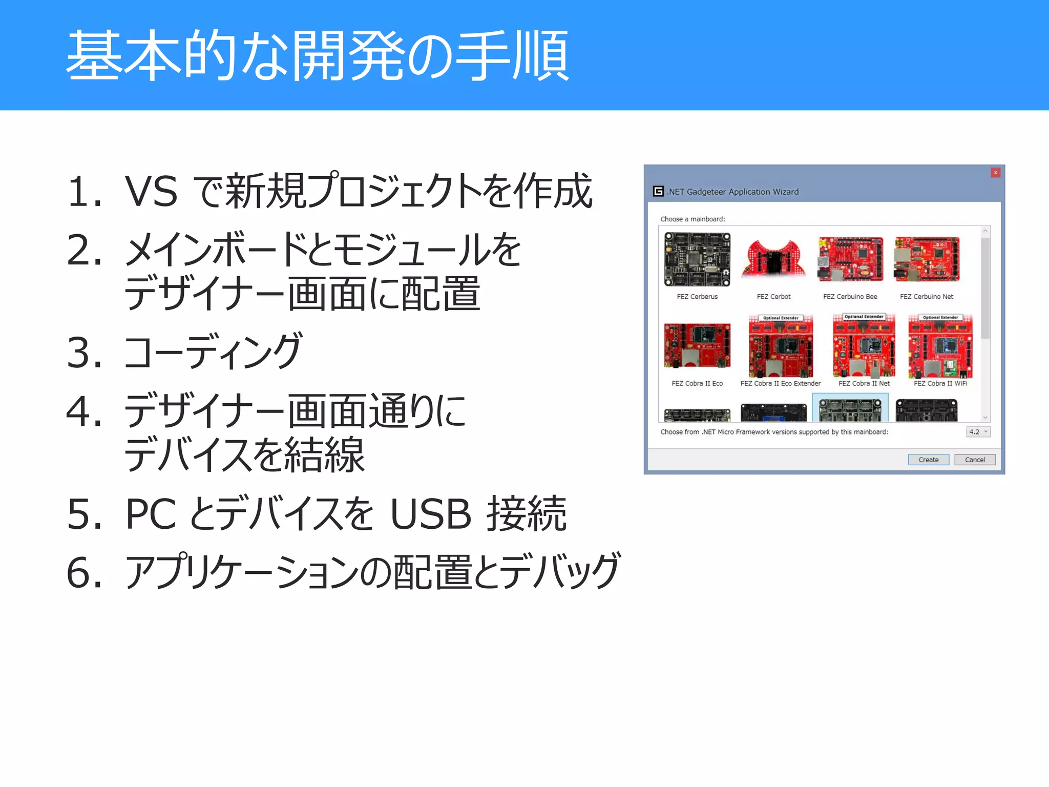 基本的な開発の手順
1. VS で新規プロジェクトを作成
2. メインボードとモジュールを
デザイナー画面に配置
3. コーディング
4. デザイナー画面通りに
デバイスを結線
5. PC とデバイスを USB 接続
6. アプリケーションの配置とデバッグ
 