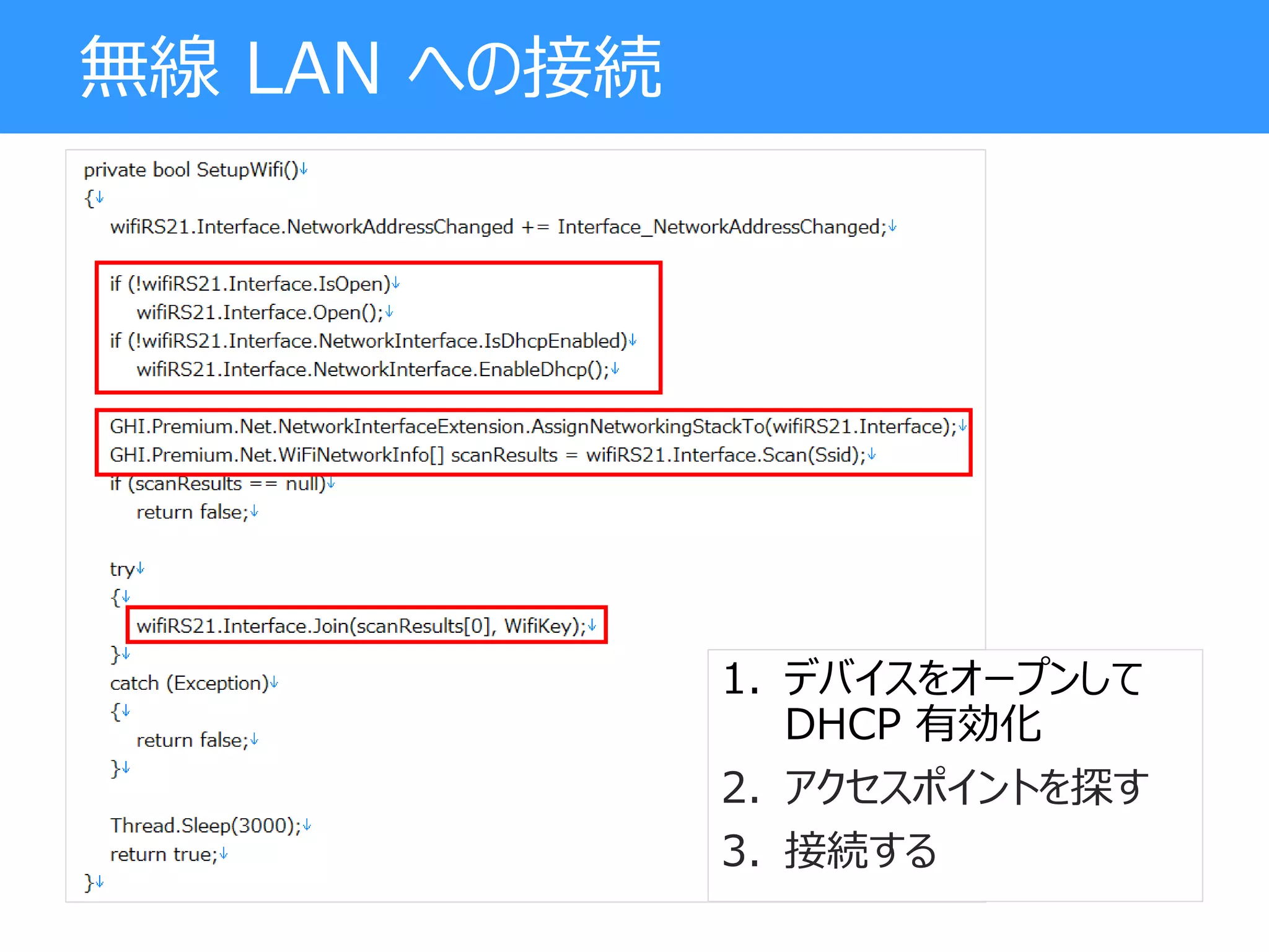 無線 LAN への接続
1. デバイスをオープンして
DHCP 有効化
2. アクセスポイントを探す
3. 接続する
 
