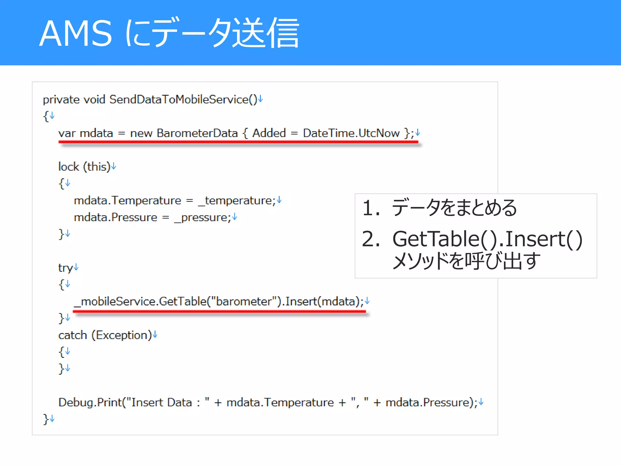 AMS にデータ送信
1. データをまとめる
2. GetTable().Insert()
メソッドを呼び出す
 
