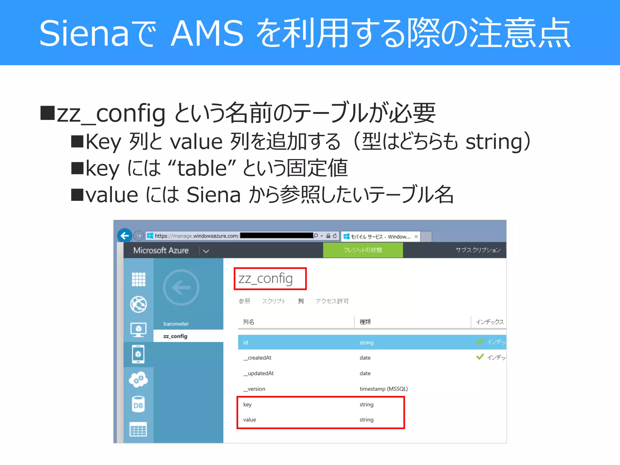 Sienaで AMS を利用する際の注意点
zz_config という名前のテーブルが必要
Key 列と value 列を追加する（型はどちらも string）
key には “table” という固定値
value には Siena から参照したいテーブル名
 