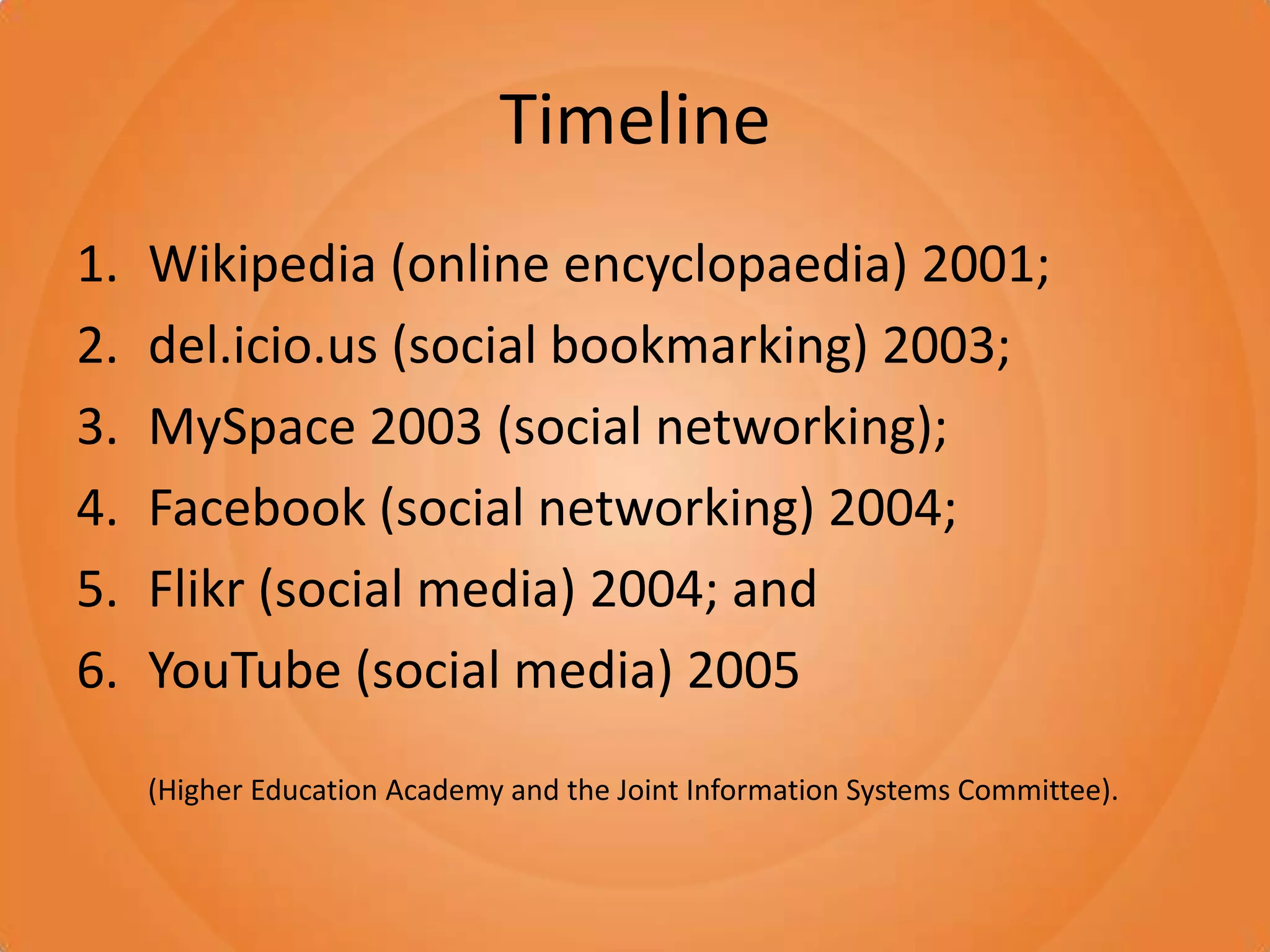 TimelineWikipedia (online encyclopaedia) 2001;del.icio.us (social bookmarking) 2003;MySpace 2003 (social networking); Facebook (social networking) 2004; Flikr (social media) 2004; and YouTube (social media) 2005  (Higher Education Academy and the Joint Information Systems Committee).