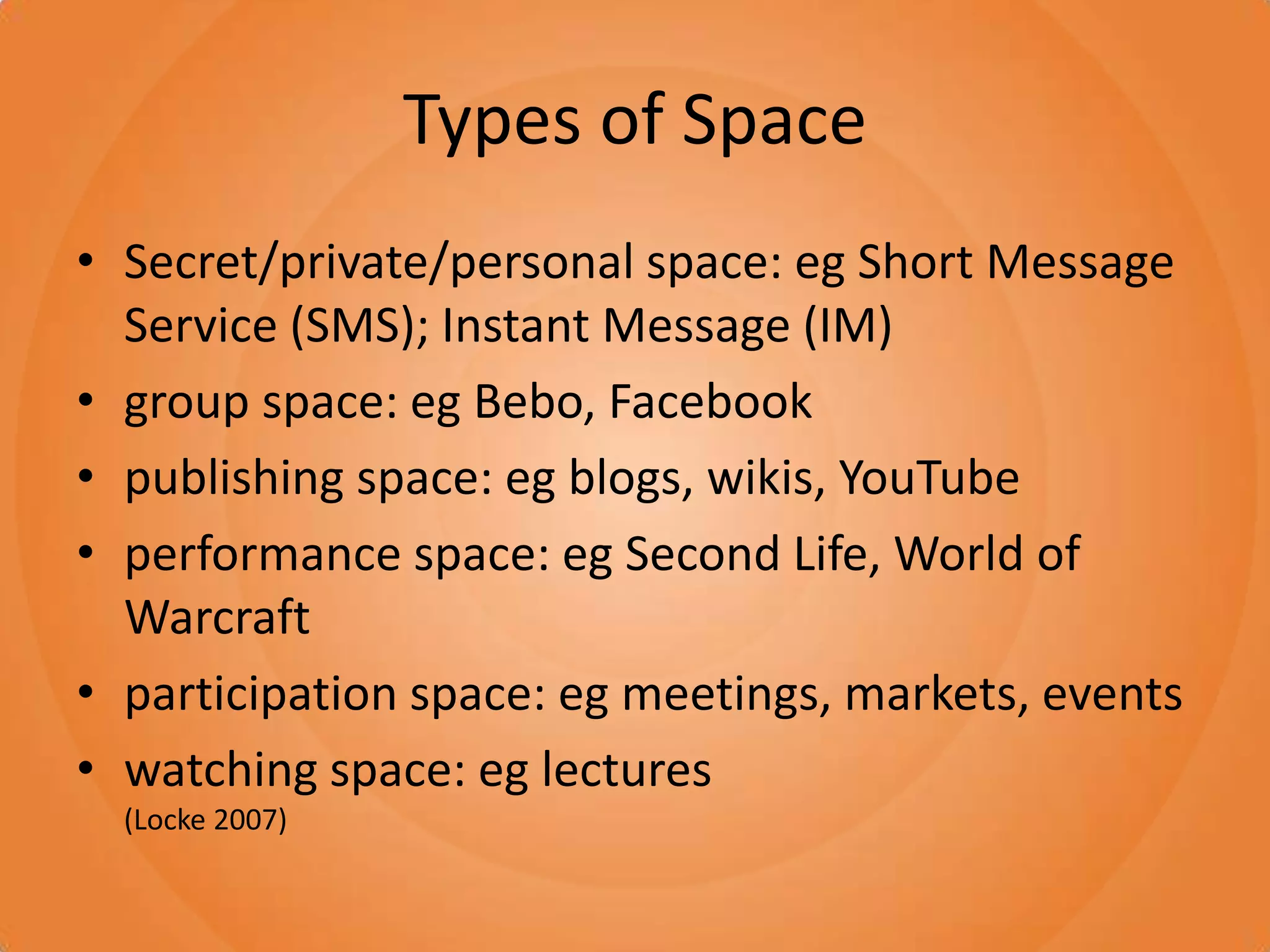 Types of SpaceSecret/private/personal space: eg Short Message Service (SMS); Instant Message (IM)group space: egBebo, Facebookpublishing space: eg blogs, wikis, YouTubeperformance space: eg Second Life, World of Warcraftparticipation space: eg meetings, markets, eventswatching space: eg lectures (Locke 2007)