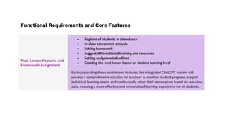 Post-Lesson Features and
Homework Assignment
● Register of students in attendance
● In-class assessment analysis
● Setting homework
● Suggest differentiated learning and resources
● Setting assignment deadlines
● Creating the next lesson based on student learning level
By incorporating these post-lesson features, the integrated ChatGPT system will
provide a comprehensive solution for teachers to monitor student progress, support
individual learning needs, and continuously adapt their lesson plans based on real-time
data, ensuring a more effective and personalized learning experience for all students.
Functional Requirements and Core Features
 