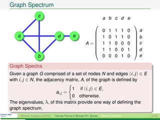 Graph Spectrum
                     c
                                                                         a b c d e
                                                                                            
                                                                         0 1 1 1 0               a
    a                                            e
                                                                          
                                     d                          1 0 1 1 0 b
                                                                          
                                                            A = 1 1 0 0 0  c
                                                                          
                                                                1 1 0 0 1 d
                                                                          
                     b                                                   0 0 0 1 0               e

Graph Spectra
Given a graph G comprised of a set of nodes N and edges (i , j ) ∈ E
with i , j ∈ N, the adjacency matrix, A, of the graph is deﬁned by
                                                 1      if (i , j ) ∈ E ,
                                    ai ,j =
                               0 otherwise.
The eigenvalues, λ, of this matrix provide one way of deﬁning the
graph spectrum.
        Network Analysis on GPUs   Thomas Thorne & Michael P.H. Stumpf   Network Evolution           7 of 22
 