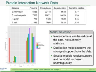 Protein Interaction Network Data
                               Species                         Proteins        Interactions        Genome size      Sampling fraction
                               S.cerevisiae                       5035                     22118         6532                0.77
                               D. melanogaster                    7506                     22871        14076                0.53
                               H. pylori                           715                      1423         1589                0.45
                               E. coli                            1888                      7008         5416                0.35



                    0.5
                                                                                               Model Selection
                                                                                               • Inference here was based on all
                    0.4

                                                                                                 the data, not summary
Model probability




                    0.3
                                                                       Organism
                                                                          S.cerevisae            statistics.
                                                                          D.melanogaster
                                                                          H.pylori
                                                                          E.coli               • Duplication models receive the
                    0.2
                                                                                                 strongest support from the data.
                    0.1                                                                        • Several models receive support
                                                                                                 and no model is chosen
                    0.0
                                                                                                 unambiguously.
                          DA      DAC    LPA       SF   DACL    DACR
                                           Model


                               Network Analysis on GPUs           Thomas Thorne & Michael P.H. Stumpf    Network Evolution              11 of 22
 