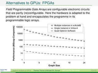Alternatives to GPUs: FPGAs
    Field Programmable Gate Arrays are conﬁgurable electronic circuits
    that are partly (re)conﬁgurable. Here the hardware is adapted to the
2    D.B. Thomas, W. Luk, and M. Stumpf
    problem at hand and encapsulates the programme in its
    programmable logic arrays.
                                                                                 Multiple instances in xc4vlx60
         Performance (MSwap-Compare/s)




                                         100000
                                                                                 Single Instance in Virtex-4
                                                                                 Quad Opteron Software
                                         10000


                                          1000


                                           100


                                            10


                                             1
                                                  4         9                   14                  19                 24
                                                                         Graph Size

           Network Analysis on GPUs                   Thomas Thorne & Michael P.H. Stumpf   GPU and the Alternatives        13 of 22
g. 9. A comparison of the raw swap-compare performance between the Virtex
 